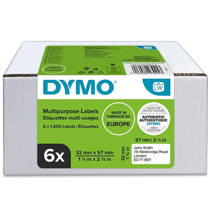 Dymo Label Multi 32 x 57 mm removível branco mm, 6 x 1000 unidades.