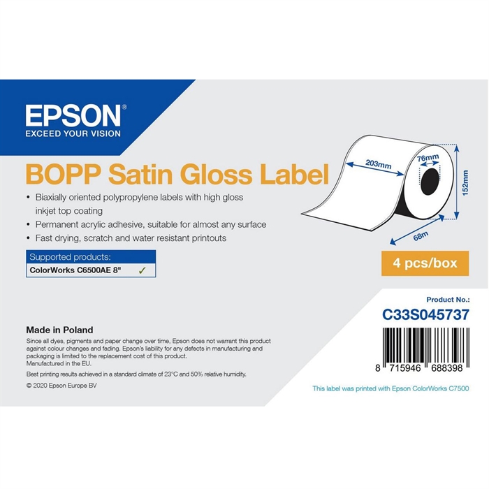 Epson BOPP Etiqueta Brilho Fosco - Bobina Contínua: 203mm x 68m