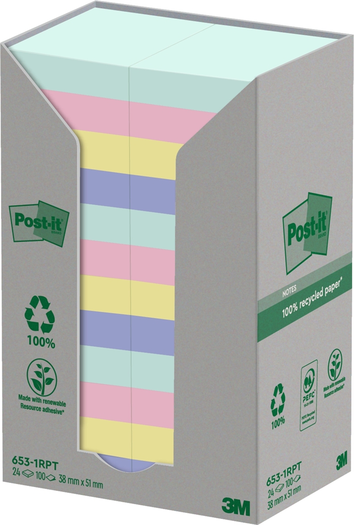 3M Post-it Recycled, cores sortidas, 38 x 51 mm, 100 folhas - pacote com 24 unidades