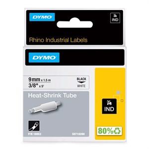 Tubo termorretrátil Tape Rhino de 9 mm x 1,5 m na cor preta e branca.