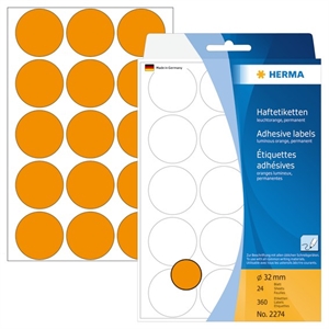 Por favor, traduza para o português:

Etiqueta manual da HERMA, neon laranja de 32 mm, 360 peças.