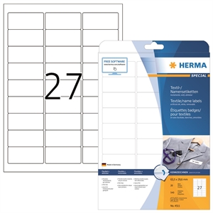Etiqueta de nome/tecido removível HERMA 63,5 x 29,6 mm branca, pacote com 540 unidades.