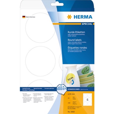 HERMA etiqueta removível ø85 mm, 600 unidades.