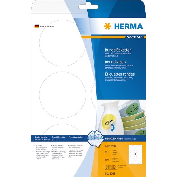 HERMA etiqueta removível ø85 mm, 600 unidades.